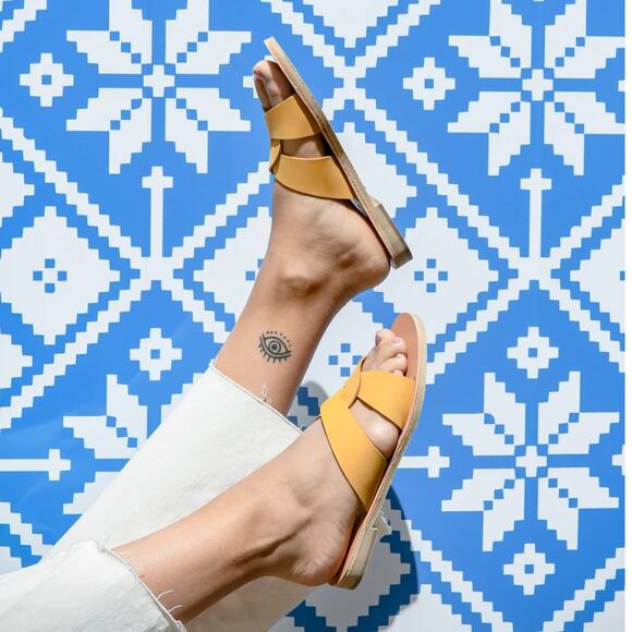 Annezo’s NEW Tan Leather Open Toe Cross Strap Slide On Neutral Greek Sandals - Picture 11 of 11